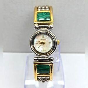 Vintage Cassant Quartz Watch Green Malachite Style Accents New Battery Two Tone